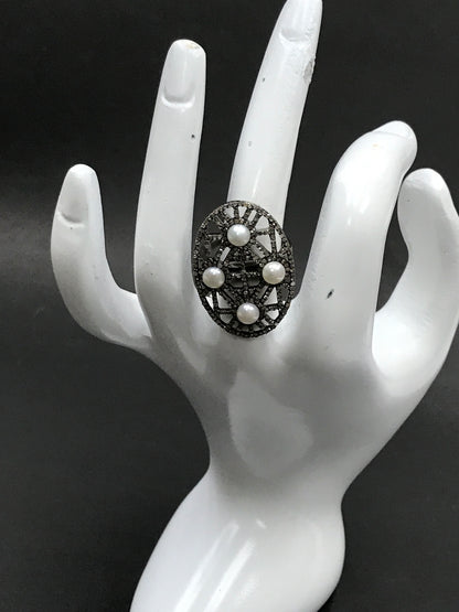 Round Pave Diamond Ring .925 Oxidized Sterling Silver Diamond Ring, Genuine handmade pave diamond Ring Size Approx 1.28"(21 x 32 MM)