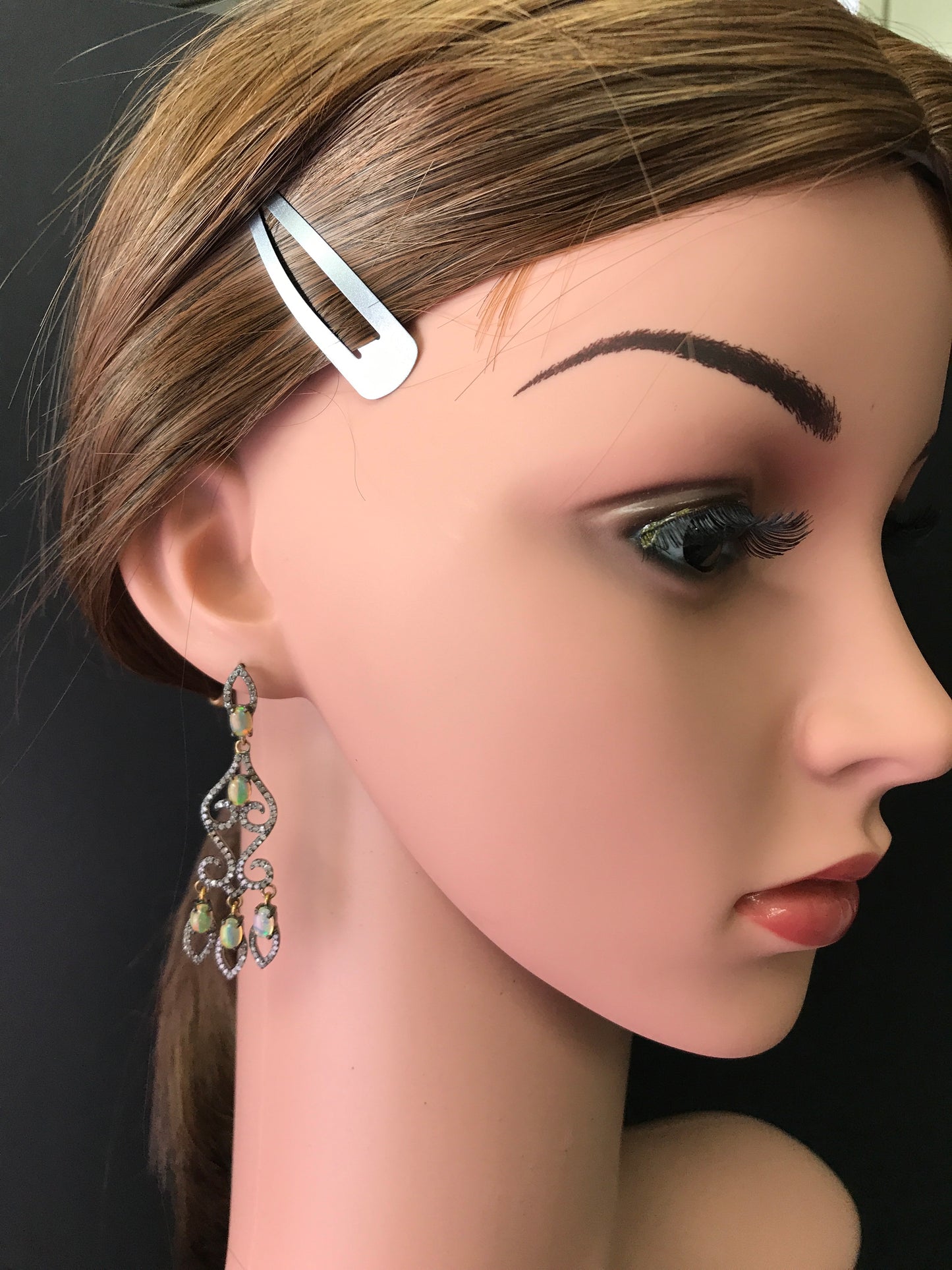 Diamond  Art Deco Opal with Diamond Earring, Pave Diamond Earring, Pave Art Deco Earring, Appx 62 x 18mm. Sterling Silver