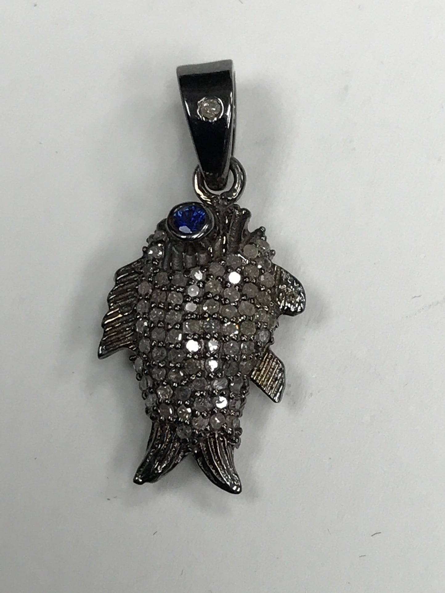 Fish Shape Diamond Pendant .925 Oxidized Sterling Silver Diamond Pendant, Genuine handmade pave diamond Pendant.