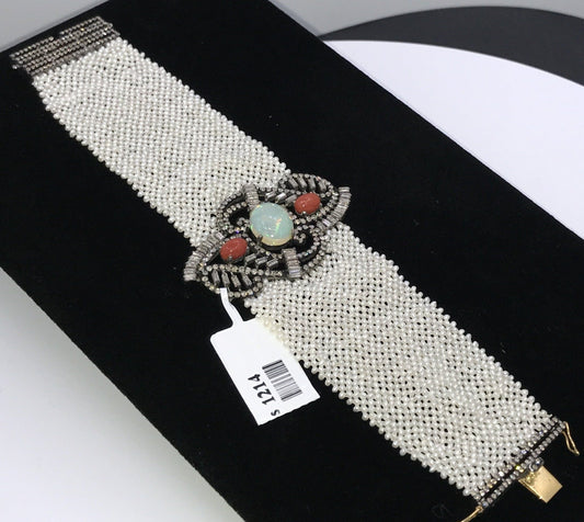 Coral & opal diamond seeded pearl weaving bracelet
