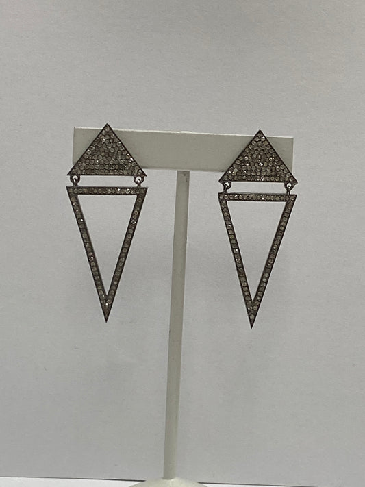Diamond Art Deco Triangular Diamond Earring, Pave Diamond Earring,Pave Art Deco Earring, Approx 60 x 17mm. Sterling Silver