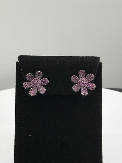 Flower Shape Silver Diamond Earring .925 Oxidized Sterling Silver Diamond Earring, Genuine handmade pave diamond Earring .