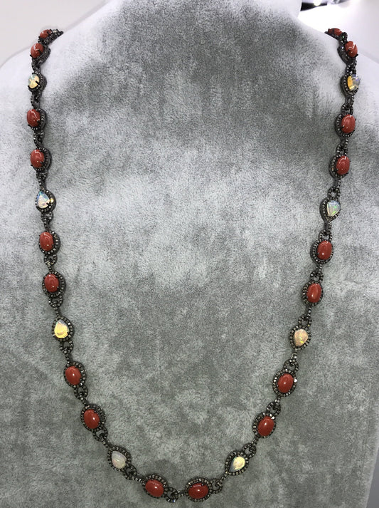 Coral and Opal Link Chain Necklace with Diamond