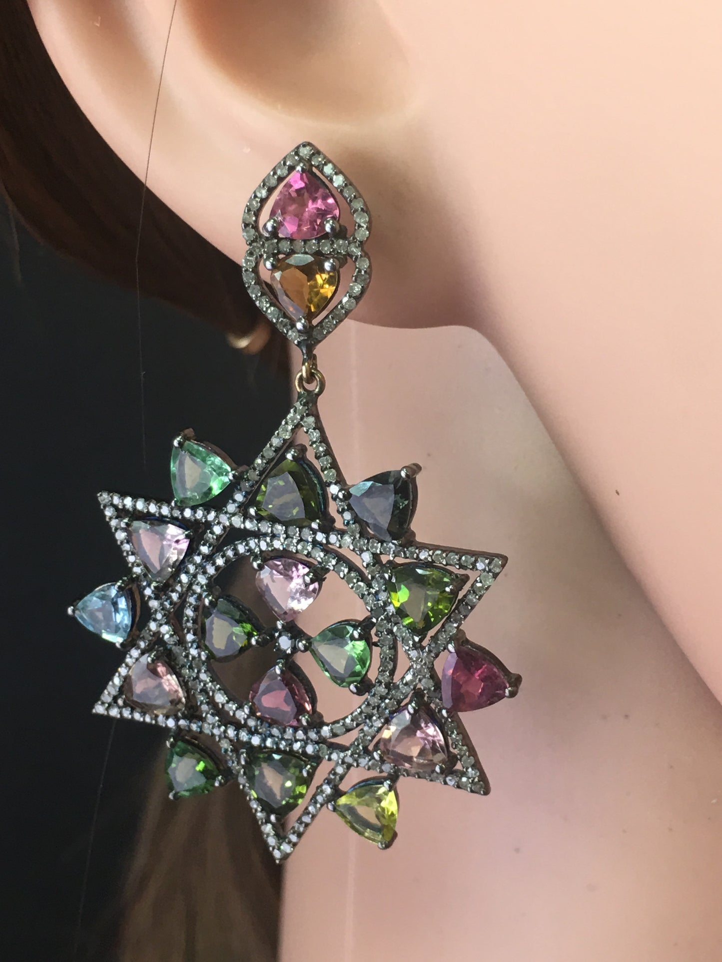 Diamond and Multi Tourmaline Silver Earrings