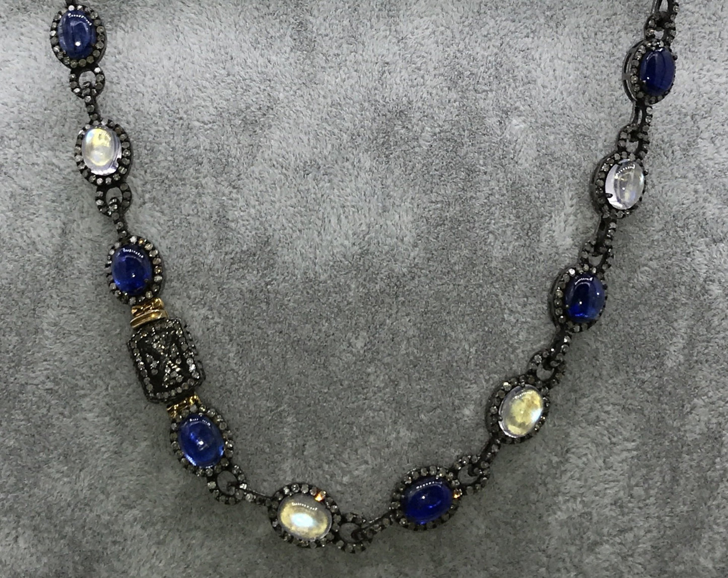 Tanzanite and Rainbow Moonstone Long Necklace with Diamonds