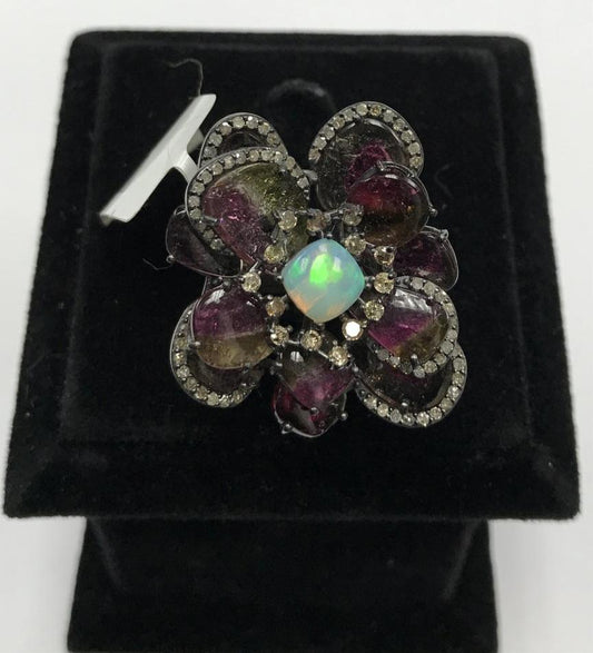 Tourmaline Watermelon and Diamond Flower Ring