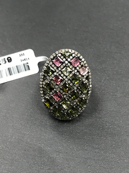 Diamond Oval Shape Tourmaline Diamond Ring, Pave Diamond Ring, Pave Oval Shape Tourmaline Ring, Approx 28 x 18mm