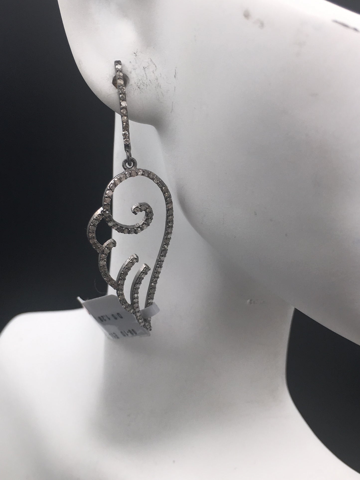 Wings Diamond Earrings .925 Oxidized Sterling Silver Diamond Earring, Genuine handmade pave diamond Earring Size 2.08"(16 x 52 MM )