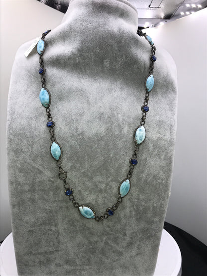LARIMAR AND DIAMOND DESIGNER LONG NECKLACE