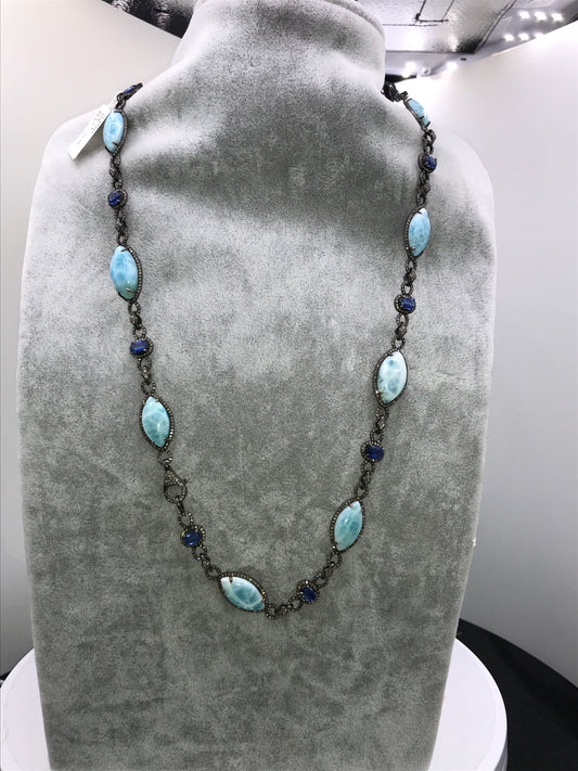 LARIMAR AND DIAMOND DESIGNER LONG NECKLACE