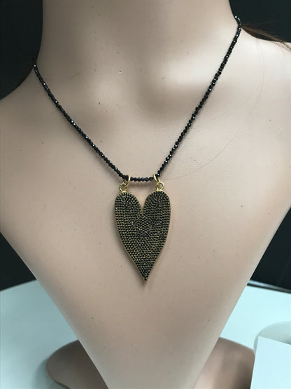 Heart Shape Black Spinal Charm, Pave Black Spinal ,Approx 1.40''( 40 x 25 mm) Oxidized Sterling Silver, Sterling Silver ,Black Spinel