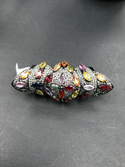 Diamond and Silver Multi Sapphire Stone Black Rhodium Finish Ring