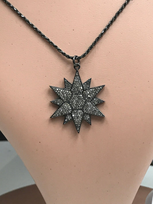 Star shape Pave Diamond Pendants .925 Oxidized Sterling Silver Diamond Pendants, Genuine handmade pave diamond Pendants Size 27 x 30 mm