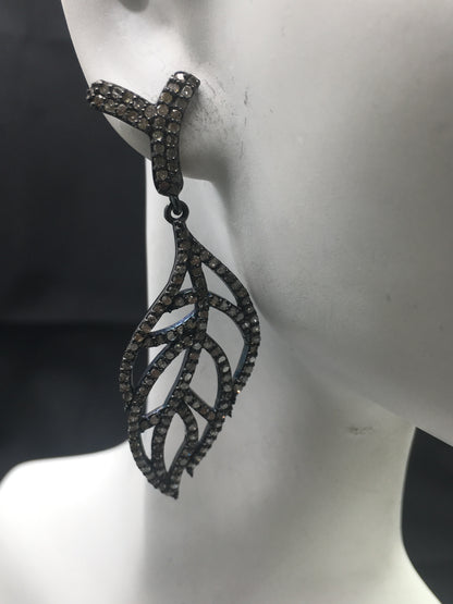 Feather Diamond Silver Earring .925 Oxidized Sterling Silver Diamond Earring, Genuine handmade pave diamond Earring Size 2.32"(18 x 58 MM )