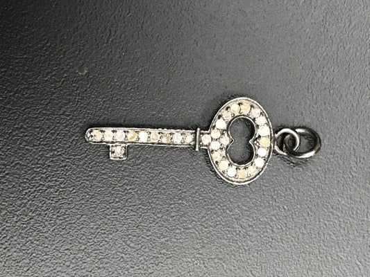 Key Diamond Charm .925 Oxidized Sterling Silver Diamond Charms, Genuine handmade pave diamond Charm Size Approx 1.0"( 12 x 25 mm)