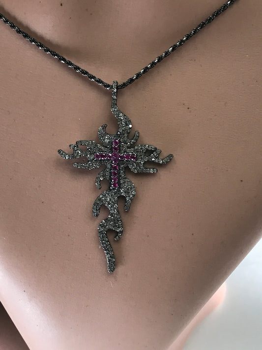 Diamond Graffiti Cross with Ruby Pendant, Pave Diamond Pendant, Graffiti Cross with Ruby Necklace, Approx 61 x 35mm