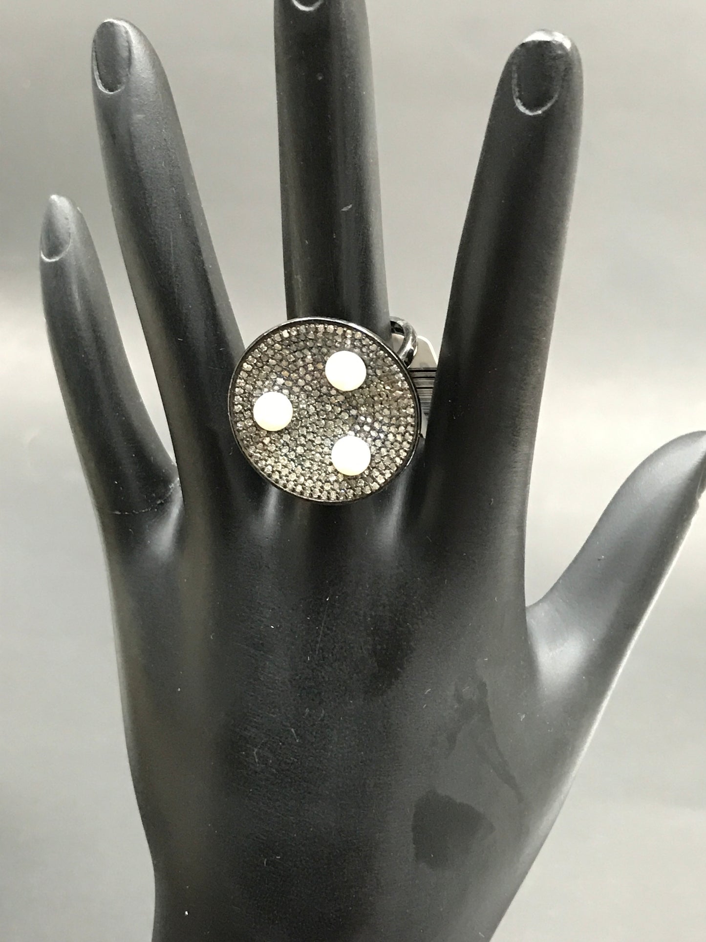 Diamond and Silver Pearl Black Rhodium Finish Ring