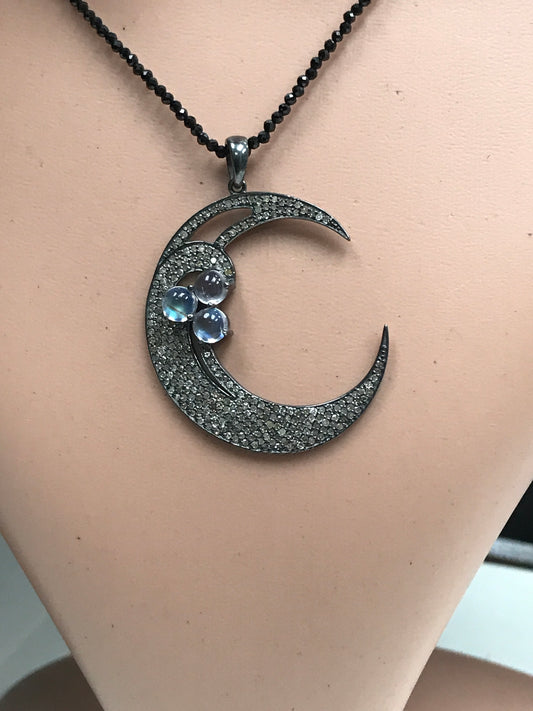 Moon Diamond Charm .925 Oxidized Sterling Silver Diamond Charms, Genuine handmade pave diamond Charm Size Approx 1.60"(40 x 35 MM)