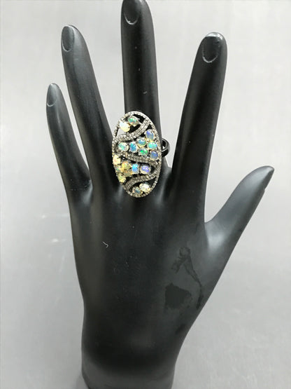 Oval Designer Diamond And Ethopian Opal Ring,Pave Diamond Ring,Diamond Ring,Pave Ring, Statement Ring, Oxidised Silver