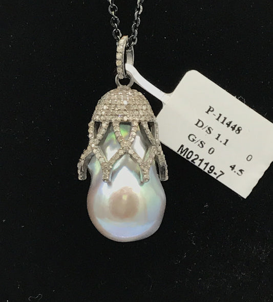 Drop Shape Baroque Pearls Diamond Pendants