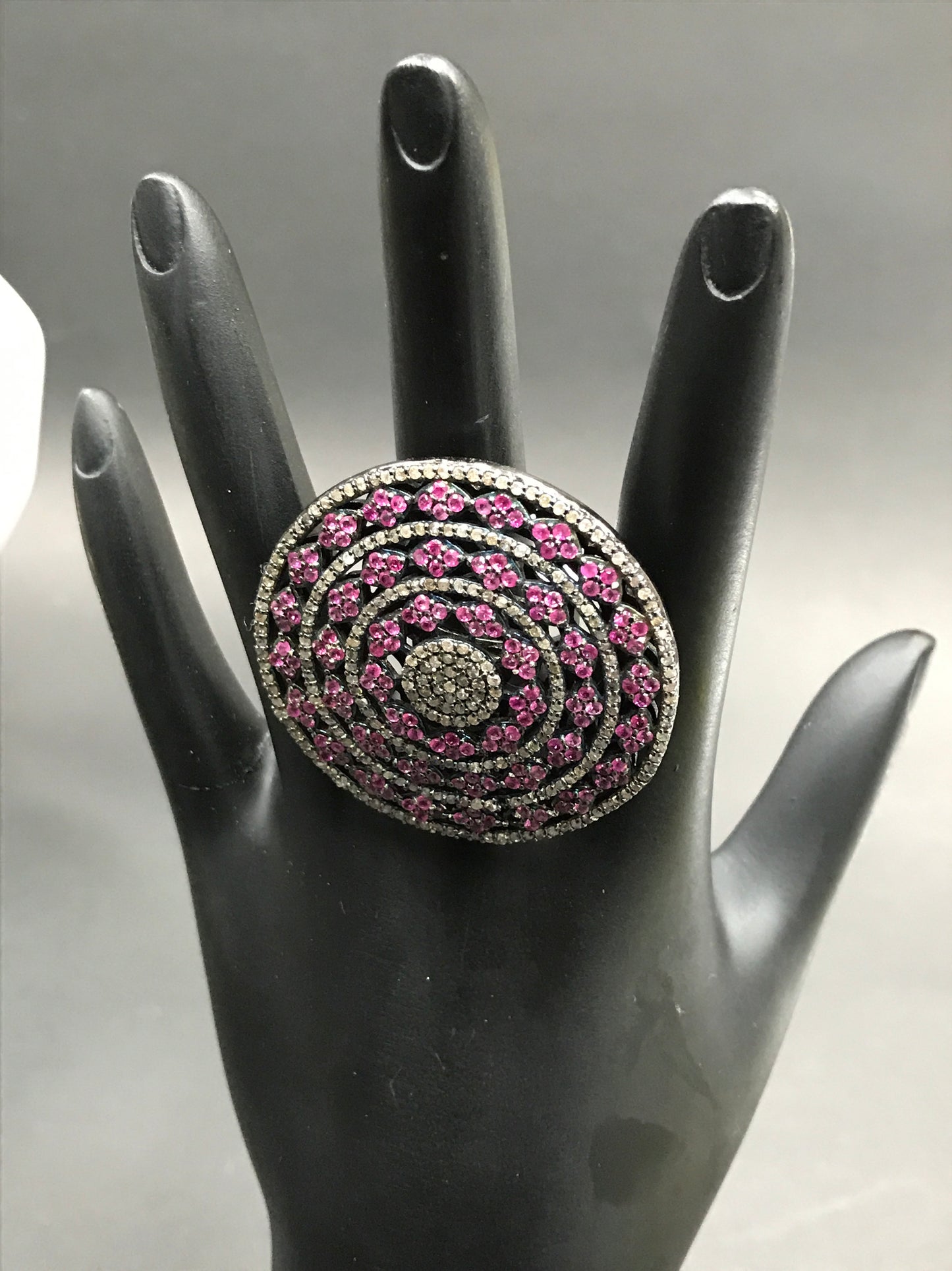 Round Pave Diamond Ring .925 Oxidized Sterling Silver Diamond Ring, Genuine handmade pave diamond Ring Size Approx 1.68"(42 MM)