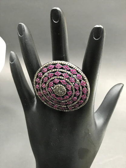 Round Pave Diamond Ring .925 Oxidized Sterling Silver Diamond Ring, Genuine handmade pave diamond Ring Size Approx 1.68"(42 MM)