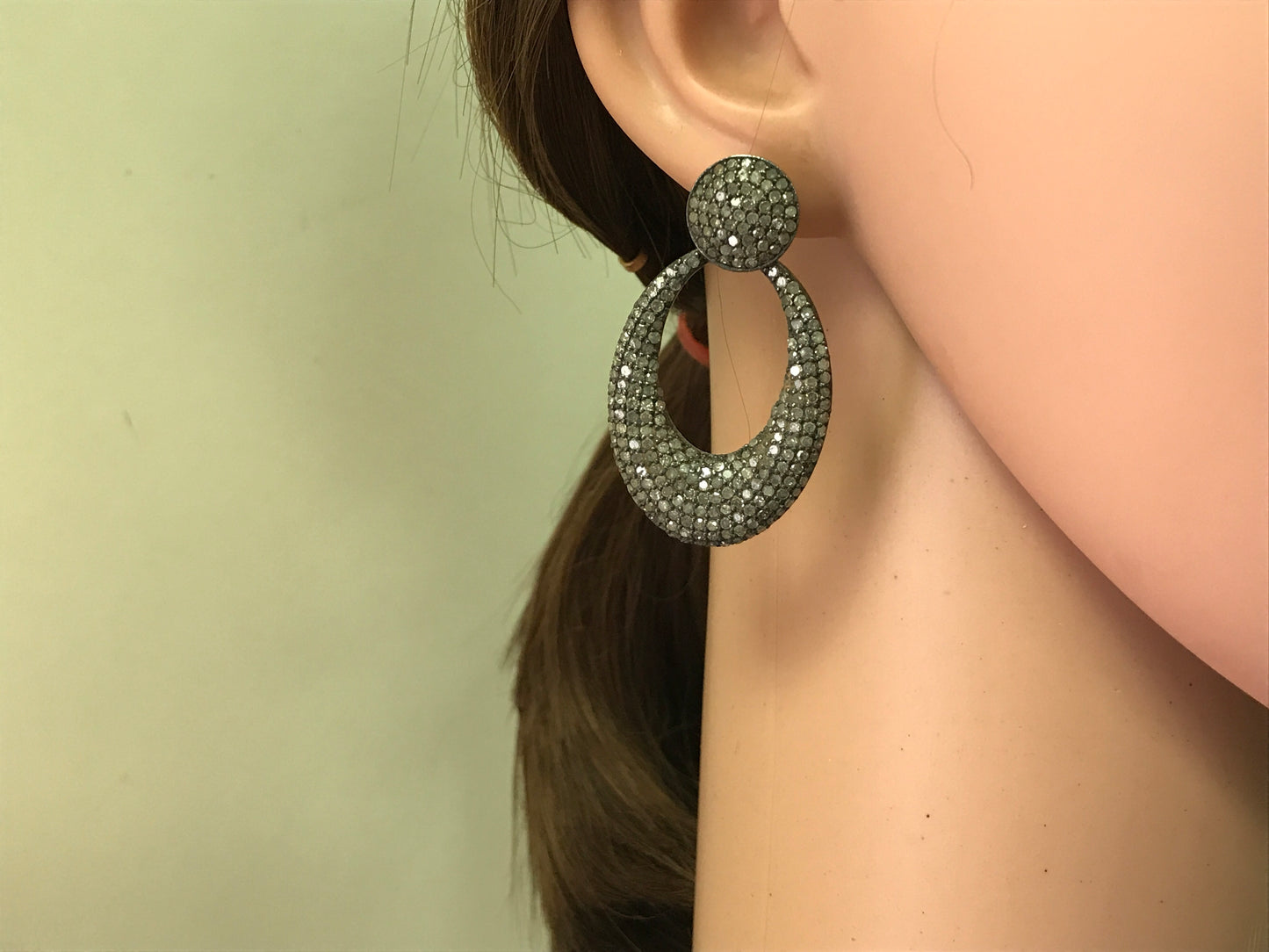 Oval Shape Silver Oxidized Earring with Diamonds