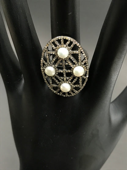 Round Pave Diamond Ring .925 Oxidized Sterling Silver Diamond Ring, Genuine handmade pave diamond Ring Size Approx 1.28"(21 x 32 MM)