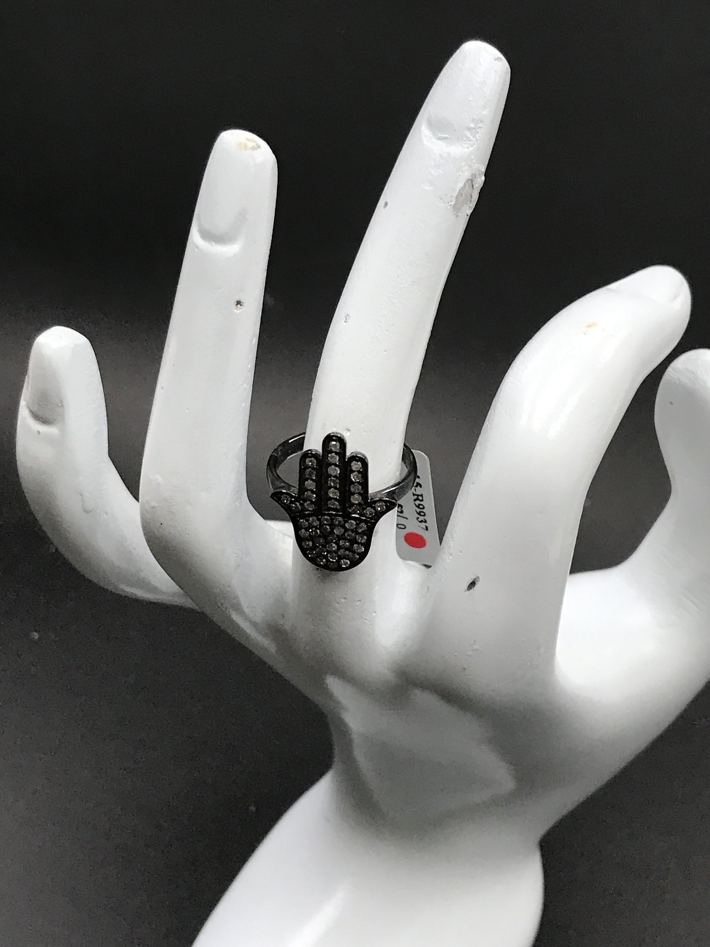 Hamsa Hand Diamond and Silver Black Rhodium Finish Ring
