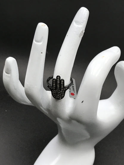 Hamsa Hand Diamond and Silver Black Rhodium Finish Ring
