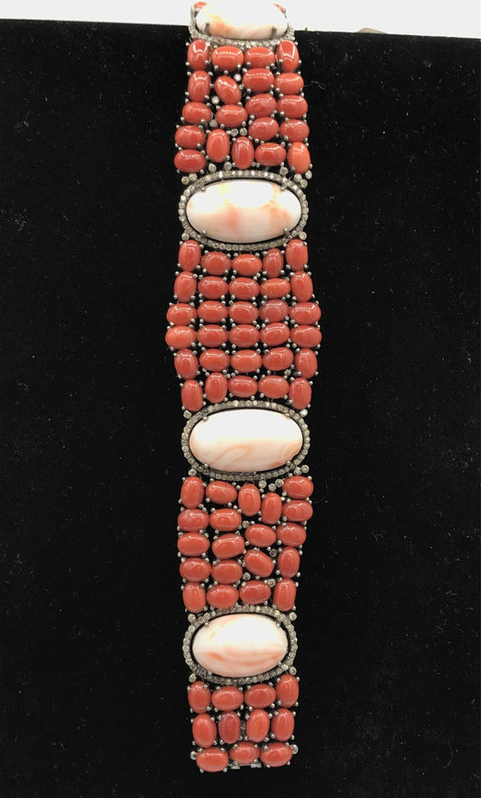 Coral Natural and Pink Coral with Diamond Bracelet