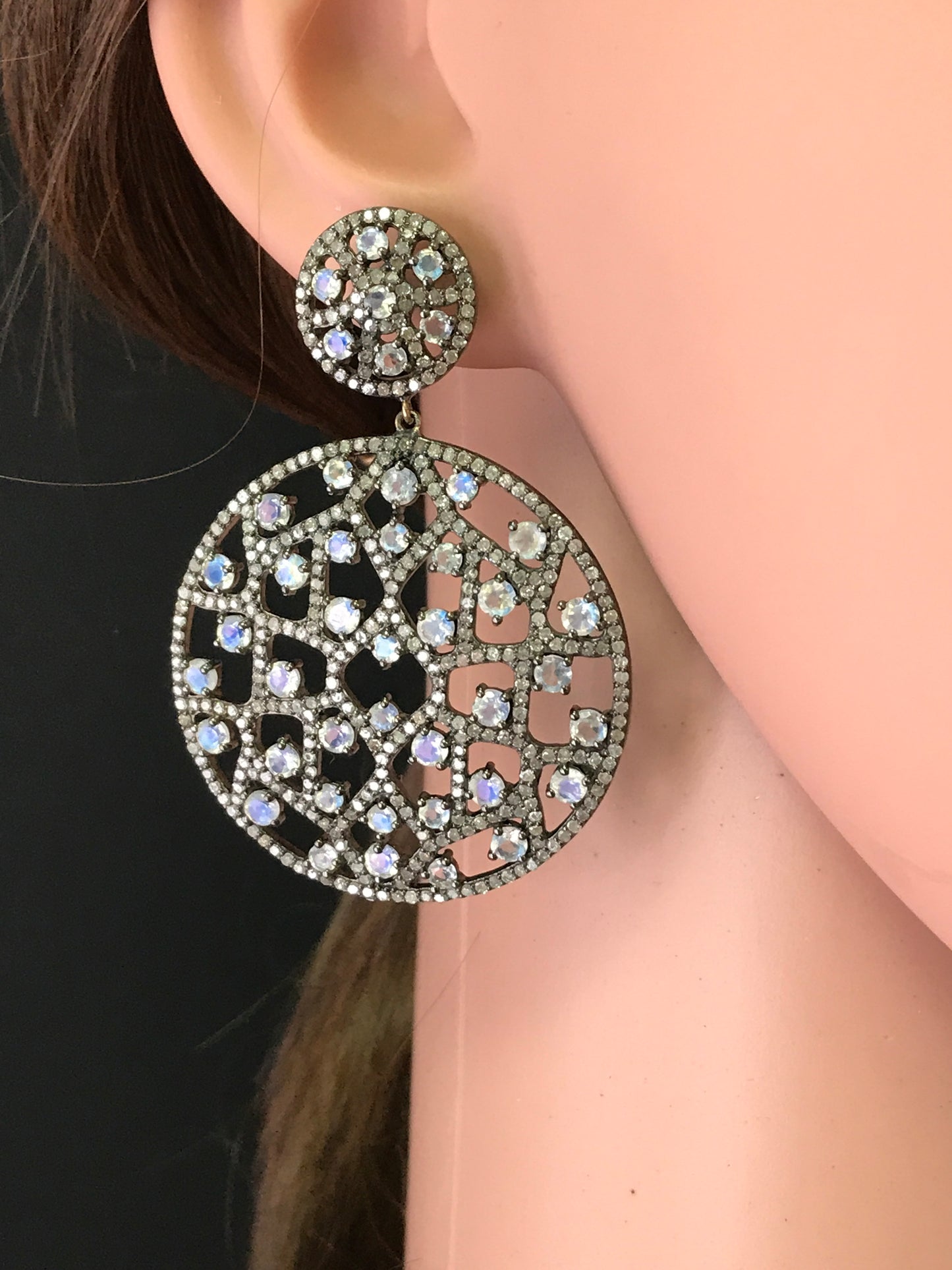 Diamond and Rainbow MoonStone Earrings