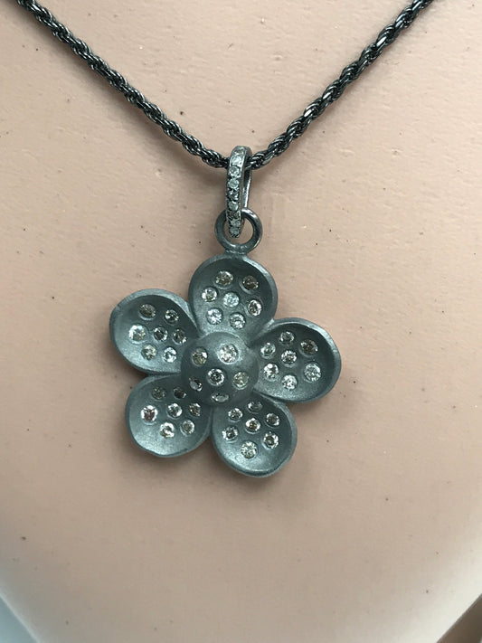 Flower Shape Diamond Pendant .925 Oxidized Sterling Silver Diamond Pendant, Genuine handmade pave diamond Pendant.