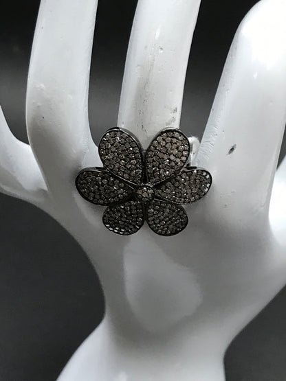 Diamond  Flower Diamond Ring, Pave Diamond Ring, Pave Flower Ring, Approx 29 x 29mm. Sterling Silver