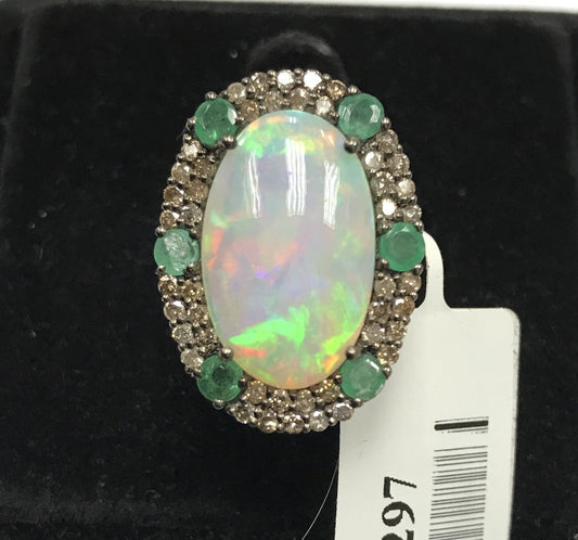 Opal and Diamond Ring with Emerald Accent