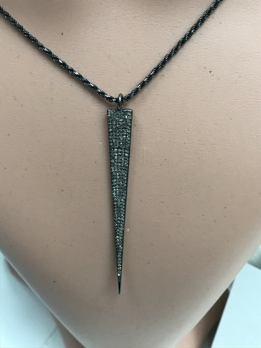 Diamond Spike Pendant, Pave Diamond Pendant,Pave Spike Necklace, Appx 60 x 8mm. Sterling Silver