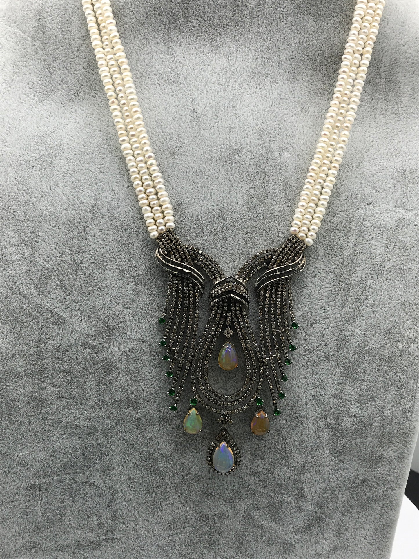 Designer Opal and Diamond Pendant Necklace with Pearls