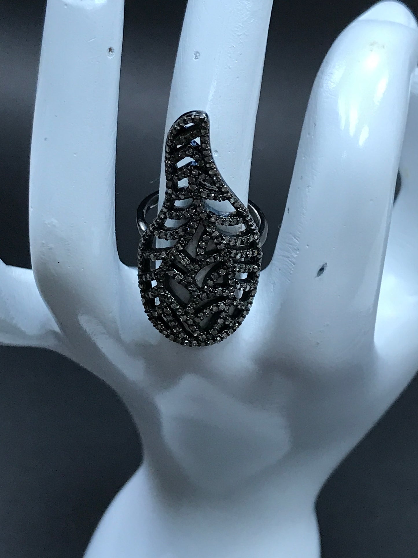 Diamond Full Leaf Shape Diamond Ring, Pave Diamond Ring, Pave Full Leaf Ring, Approx 38 x 17mm. Sterling Silver
