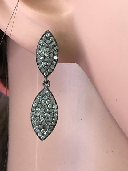 Marquise Diamond Silver Earring .925 Oxidized Sterling Silver Diamond Earring, Genuine handmade pave diamond Earring Size 1.40"(9 x 35 MM )