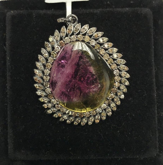 Tourmaline Watermelon and Diamond Pendant