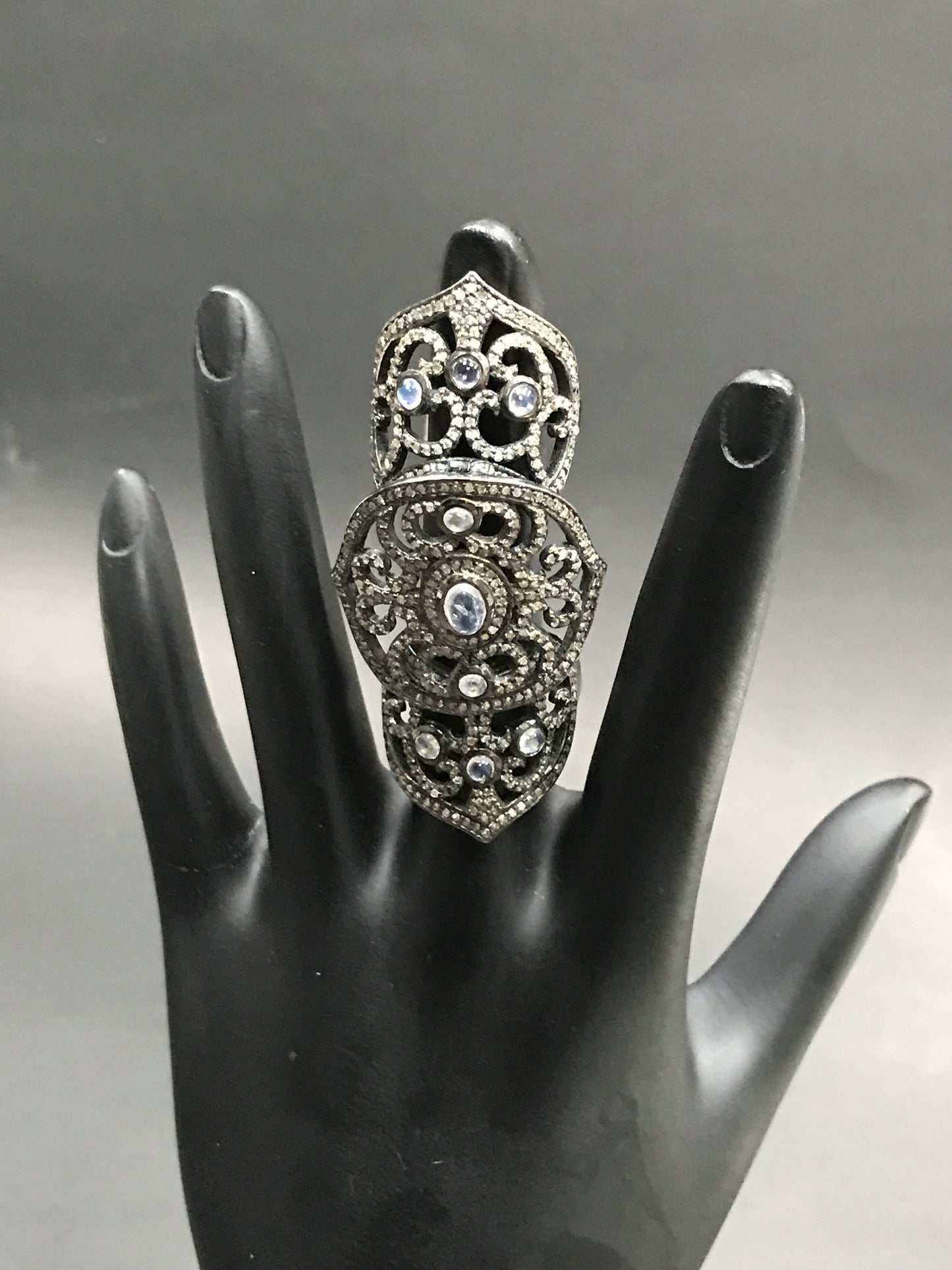 Diamond and Moon Stone Black Rhodium Finish Silver Rings