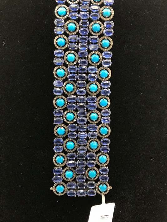 Turquoise Natural and Kynite Natural oval cabs smooth Silver Diamond Bracelet