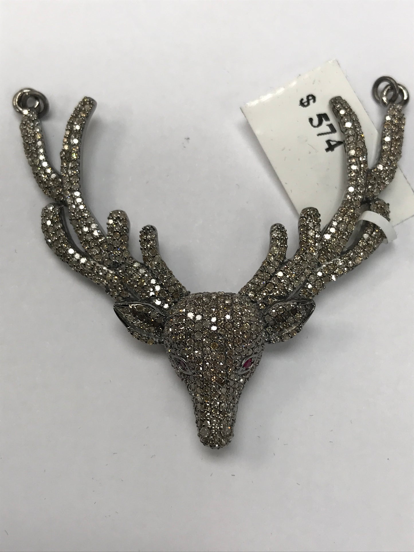 Pave Diamond Pendant, Pave Deer Antler, Pave Deer Charm, Diamond Deer Pendant, Approx 2.1''(47 x 54mm), Oxidized Silver