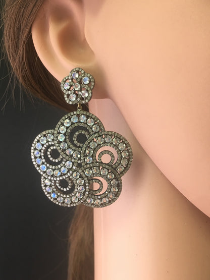 Diamond and White Rainbow Moon  Silver Earrings