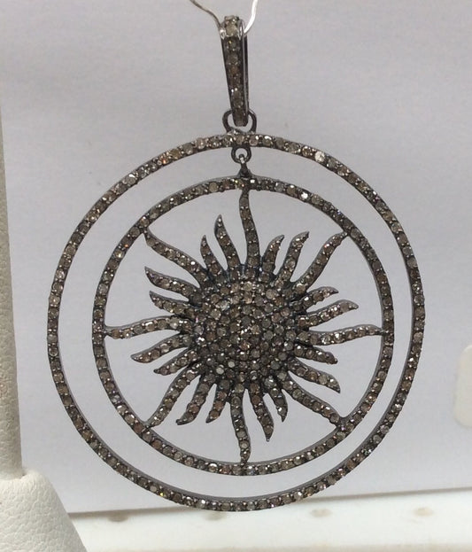 Sun Burst Diamond Charm .925 Oxidized Sterling Silver Diamond Charm, Genuine handmade pave diamond Charm Size Approx 1.52"(38 MM)