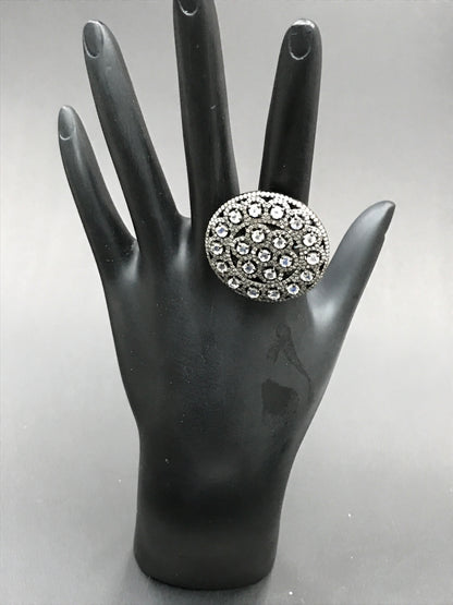 Diamond and Silver Rainbow Moonstone Black Rhodium Finish Ring