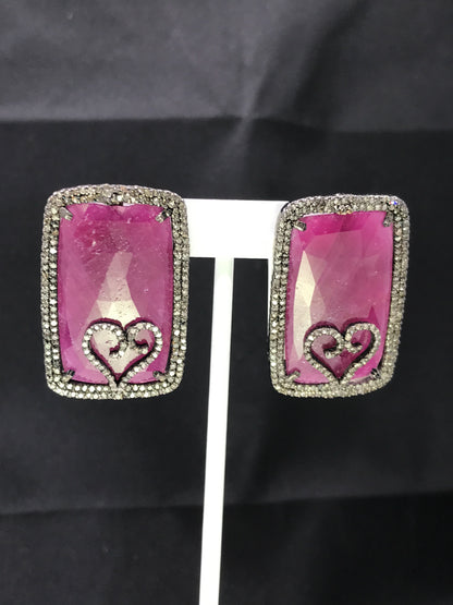 Natural Red Ruby and Diamond Stud Earrings