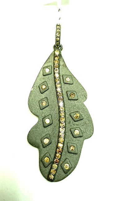 Leaf Shape Diamond Pendant .925 Oxidized Sterling Silver Diamond Pendant, Genuine handmade pave diamond Pendant.