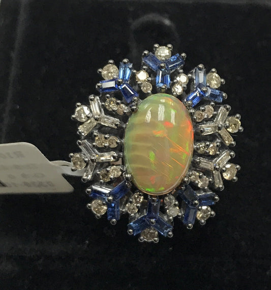 Opal and Diamond Ring with Blue Sapphire