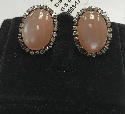 Peach Moonstone Oval Cabs smooth over sterling silver and diamond Earring studs